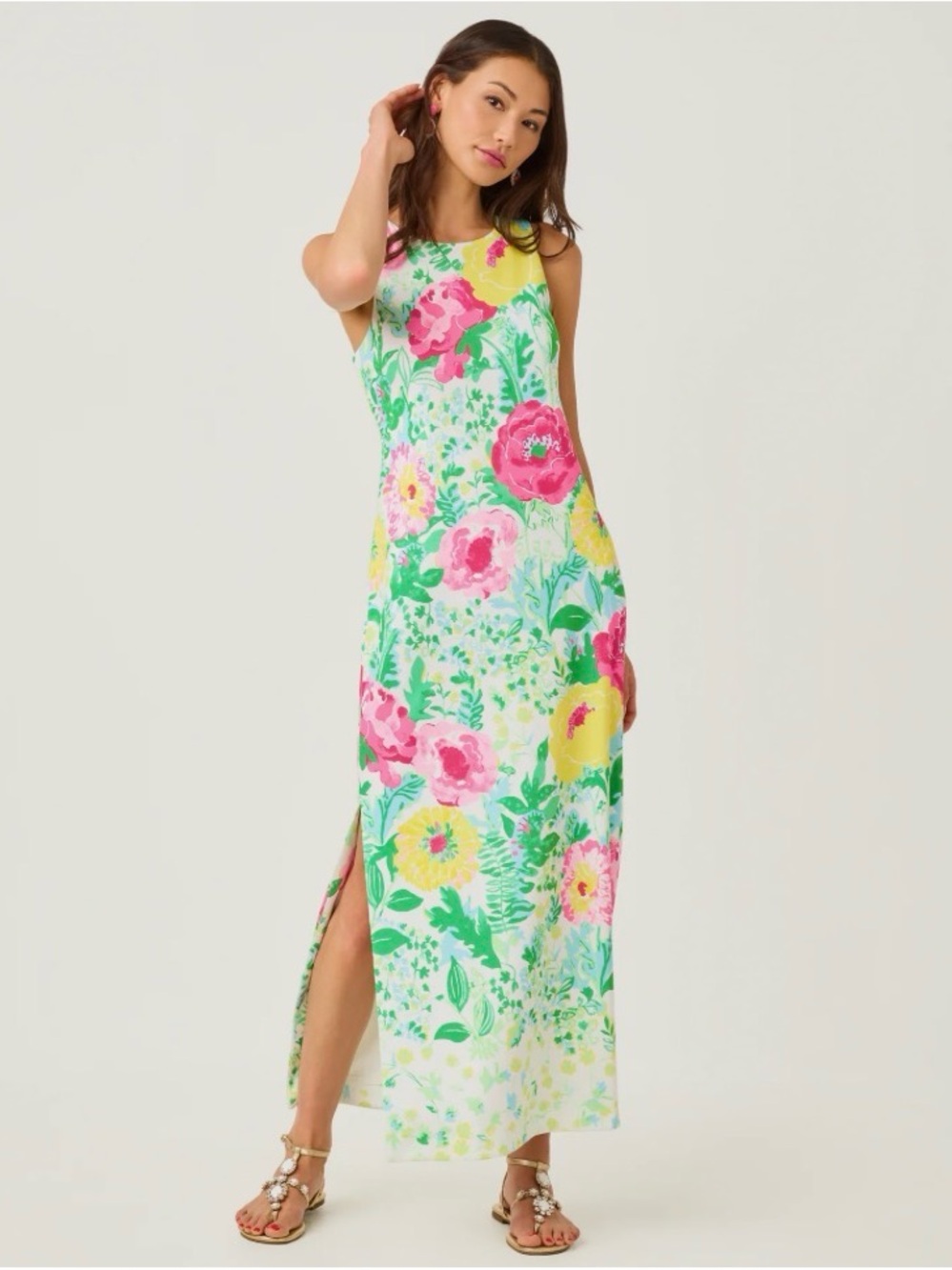 Lilly Pulitzer Sleeveless Floral Maxi Dress in Green, Pink & Yellow